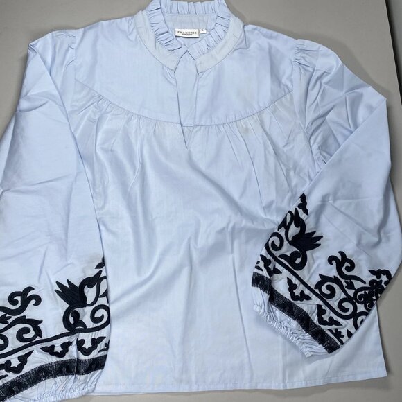 NEW CHAKERIS Shirt Light Blue Size S Caroline Embroidered Sleeve Top V-Neck - Picture 5 of 10